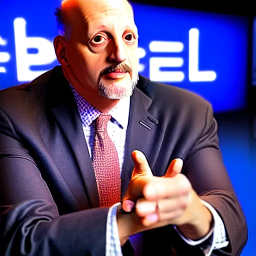 Image similar to Jim Cramer with broken clocks for eyes