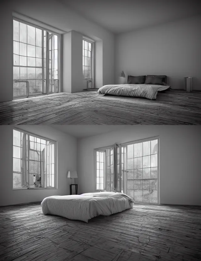 Image similar to wide angle photo of floating bed above floor in the middle of epic room with windows opening to other dimensions by andrzej sykut by lee madgewick by m. c. escher, photorealistic, octane render, recursive!!!!, flowing, cascading, multiverse!!!!!!, labyrinthine, optical illusion, impossible angles