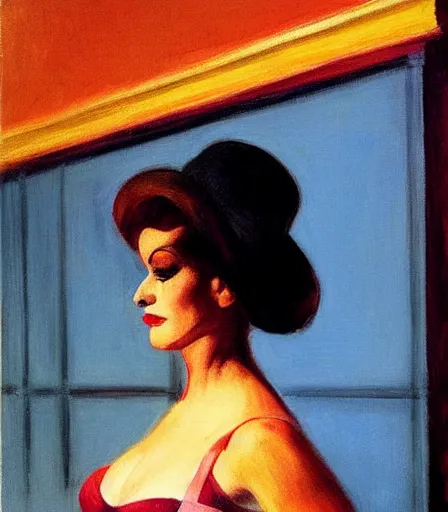 Image similar to a high quality, high detail, portrait of a drag queen by edward hopper, intense look in the eyes, moody, nostalgic