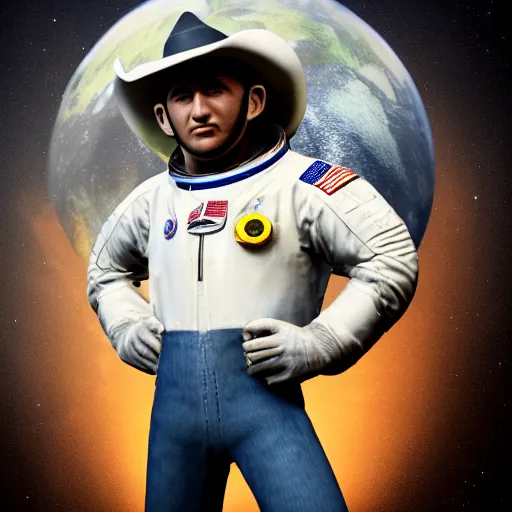 Image similar to apollo 8 earthrise astronaut wearing a cowboy hat, octane render, blender render, unreal engine, 3 5 mm