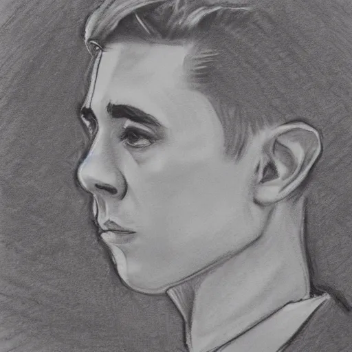 Prompt: charcoal sketch of aidan gallagher with short hair, bespoke suit