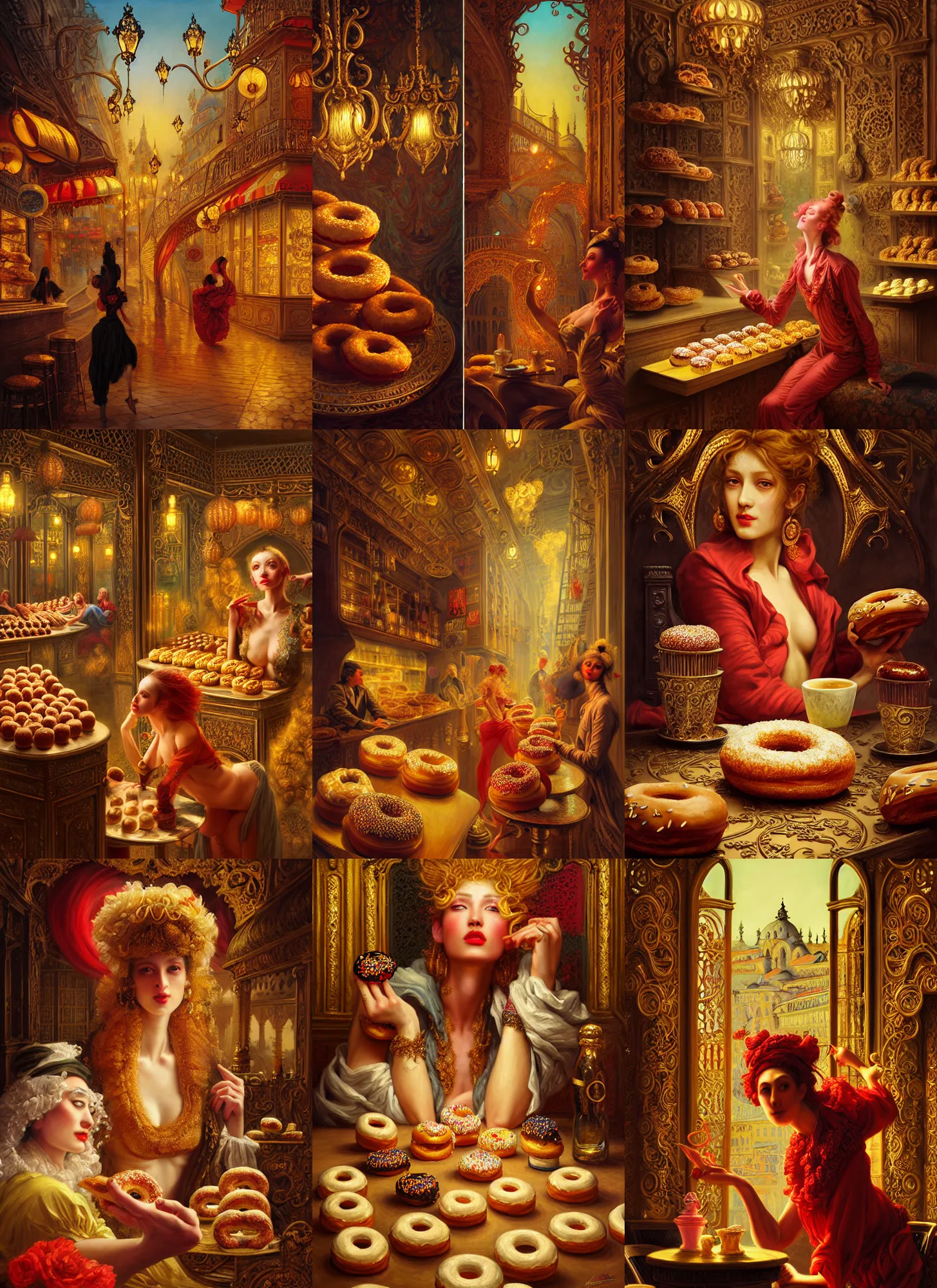 Prompt: Neo Rococo Expressionist, orientalism, diffuse lighting, fantasy, intricate, elegant, highly detailed, lifelike, photorealistic, digital painting, artstation, illustration, concept art, smooth, sharp focus, The City of Lisbon in a doughnut shop, art by John Collier and Albert Aublet and Krenz Cushart and Artem Demura and Alphonse Mucha