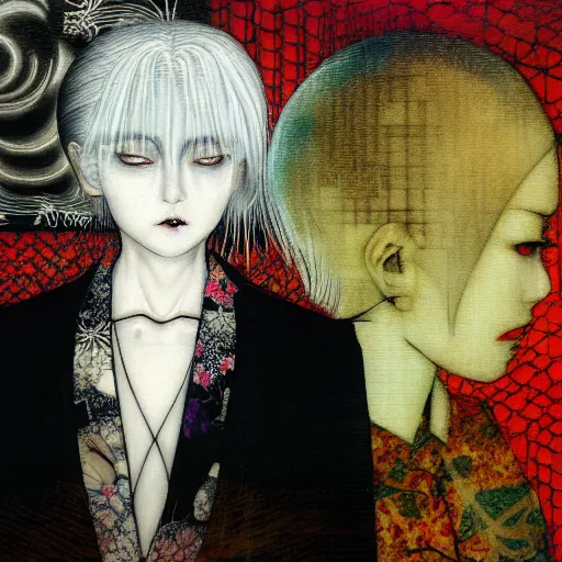 Image similar to yoshitaka amano blurred and dreamy realistic three quarter angle portrait of a woman with white hair and black eyes wearing dress suit with tie, junji ito abstract patterns in the background, satoshi kon anime, noisy film grain effect, highly detailed, renaissance oil painting, weird portrait angle, blurred lost edges