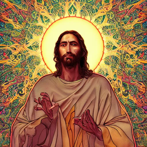 Image similar to the transfiguration of jesus christ, an ultrafine detailed illustration by james jean, intricate linework, bright colors, final fantasy, behance contest winner, vanitas, angular, altermodern, unreal engine 5 highly rendered, global illumination, radiant light, detailed and intricate environment