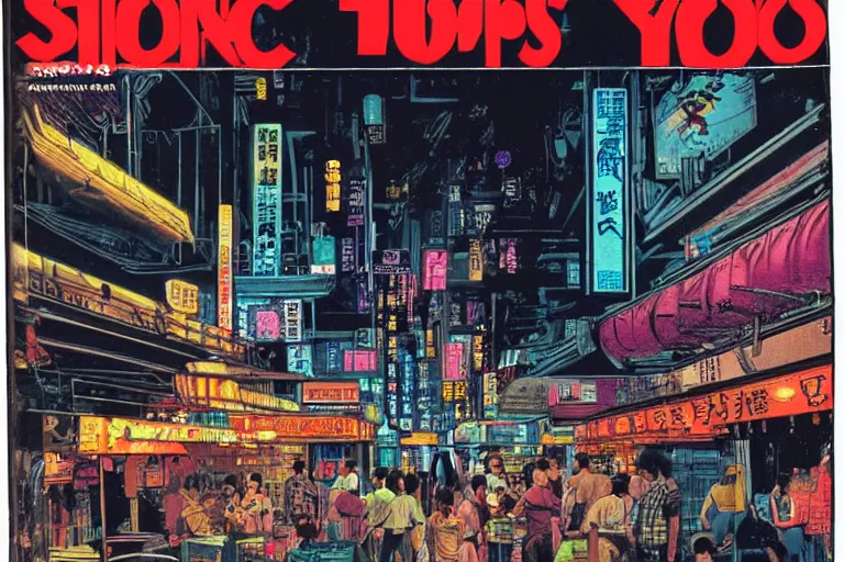 Image similar to 1 9 7 9 science fiction magazine cover depicting a row of shops downtown in neo - tokyo. in the style of bladerunner concept art by syd mead