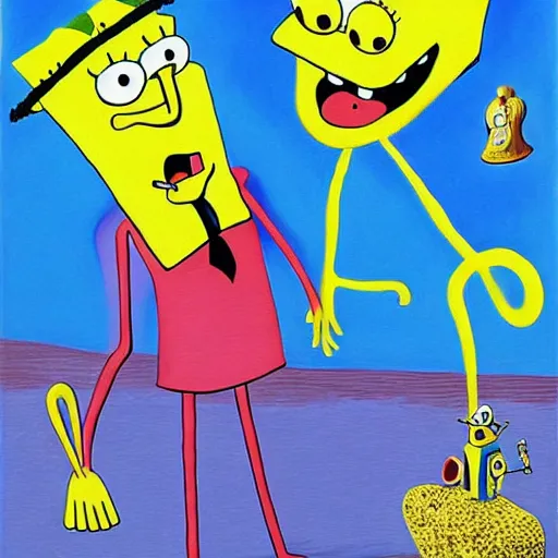 Image similar to surrealist painting of spongebob and patrick, in the style of salvador dali