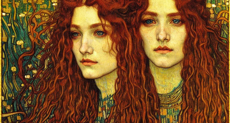 Image similar to detailed realistic beautiful young medieval queen face portrait by jean delville, gustav klimt and vincent van gogh, art nouveau, symbolist, visionary, gothic, pre - raphaelite, muted earthy colors, desaturated