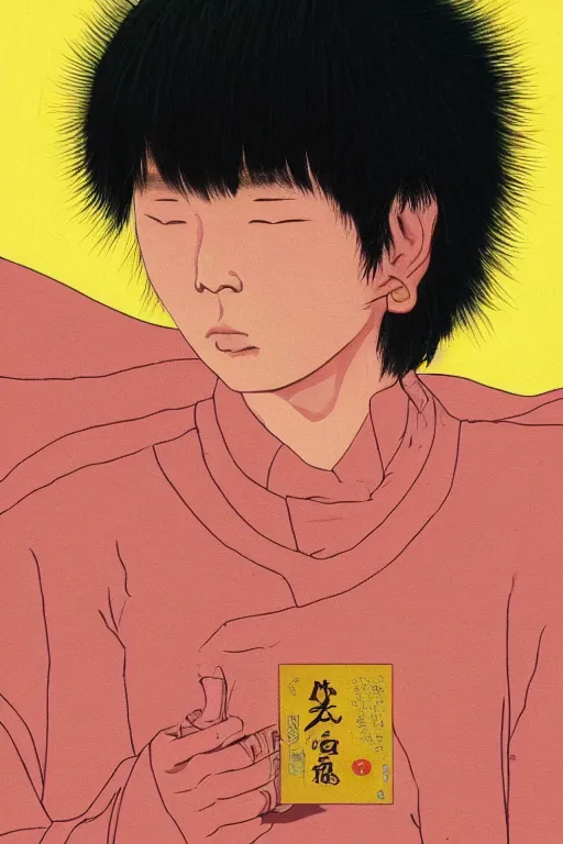 Image similar to a scifi closeup portrait of a young japanese man licking a blotter paper of LSD acid on his tongue and dreaming psychedelic hallucinations in cosmos, by kawase hasui, moebius, Edward Hopper and James Gilleard, Zdzislaw Beksinski, Steven Outram colorful flat surreal design, hd, 8k, artstation