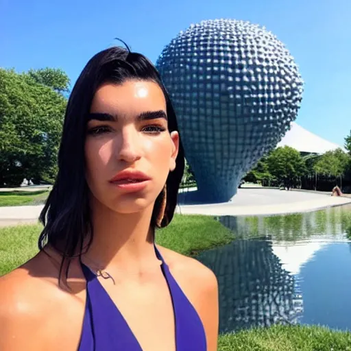 Image similar to instagram photo of suntanned dua lipa wearing a bikini posing in front of the spoonbridge and cherry at the minneapolis sculpture garden on a hot sunny day.