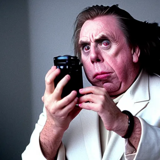 Prompt: Timothy Spall as Simon Graham (The Last Samurai) dressed in a white seersucker suit holding an Instamatic camera, 1990s