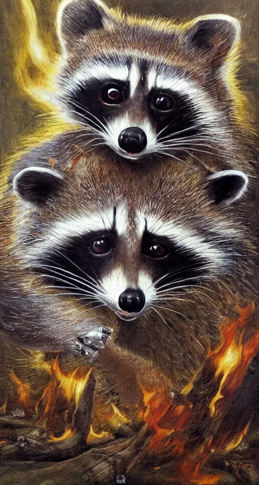 Prompt: bosch oil painting of a fire raccoon, apocalyptic