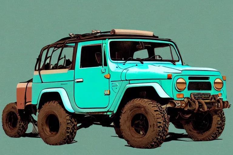 Image similar to digital illustration of a faded cyan mad max's fj 4 0 decrepit!!!! pursuit special, rusty!!! nissan fj cruiser heavily modded 1 9 9 0 s, the last v 8 interceptor by makoto shinkai, ilya kuvshinov, lois van baarle, rossdraws, basquiat