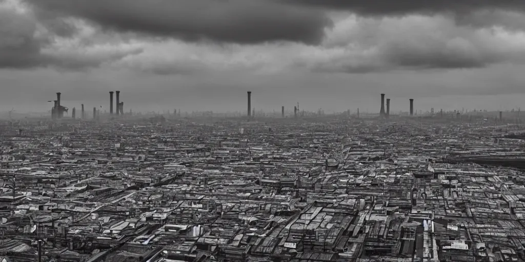 Image similar to a big industrial city metropoli in the distance, cloudy sky