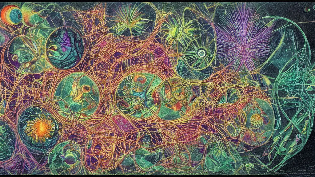 Image similar to quantum connections represented as symbiotic organisms like cells playing around with colorful lights by ernst haeckel, sharp