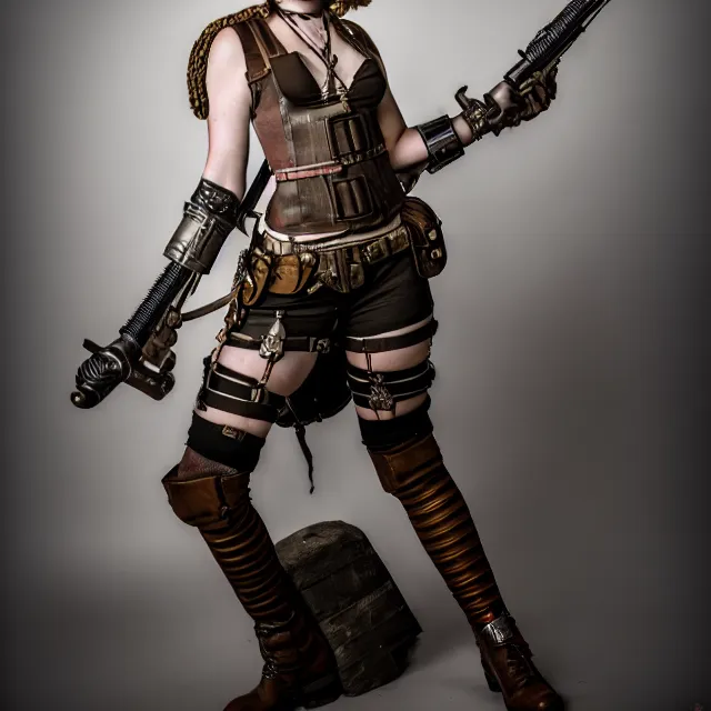 Image similar to full length photo of a very beautiful female dieselpunk warrior, 8 k, hdr, smooth, sharp focus, high resolution, award - winning photo