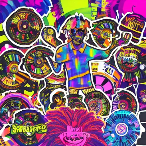 Image similar to svg sticker of a Dancing-Ben-Harper-Snoop-Spike-Lee-with-a-large-Afro-Puff, at a rave, spinning records, giant headphones rocking out, wearing headphones, huge speakers, dancing, rave, DJ, spinning records, digital art, amazing composition, rule-of-thirds, award-winning, trending on artstation, featured on deviantart