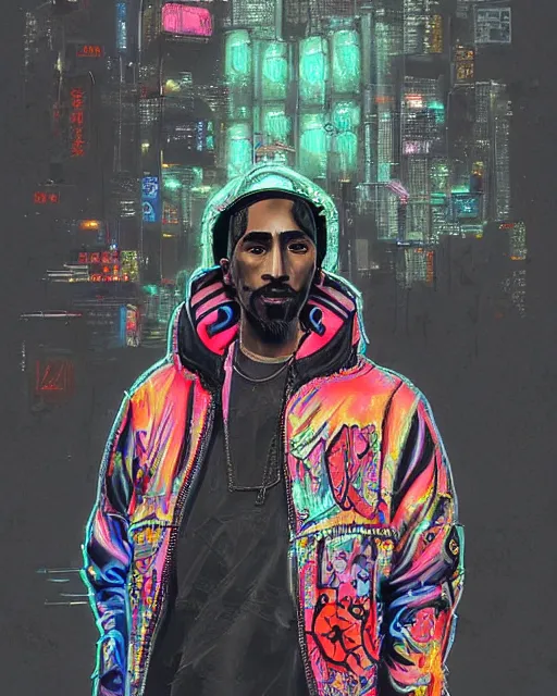 Image similar to detailed Tupac Shakur portrait Neon Operator, cyberpunk futuristic neon, reflective puffy coat, decorated with traditional Japanese ornaments by Ismail inceoglu dragan bibin hans thoma !dream detailed portrait Neon Operator Girl, cyberpunk futuristic neon, reflective puffy coat, decorated with traditional Japanese ornaments by Ismail inceoglu dragan bibin hans thoma greg rutkowski Alexandros Pyromallis Nekro Rene Maritte Illustrated, Perfect face, fine details, realistic shaded, fine-face, pretty face