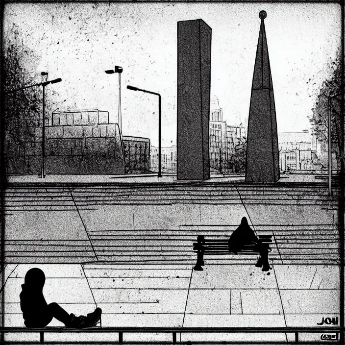 Prompt: sadie sink in a hoodie sits on a bench in a square, pedestrians walk past. background of old soviet monument. storyboard, scifi cyberpunk. by gabriel hardman, joe alves, chris bonura. cinematic atmosphere, detailed and intricate, perfect anatomy