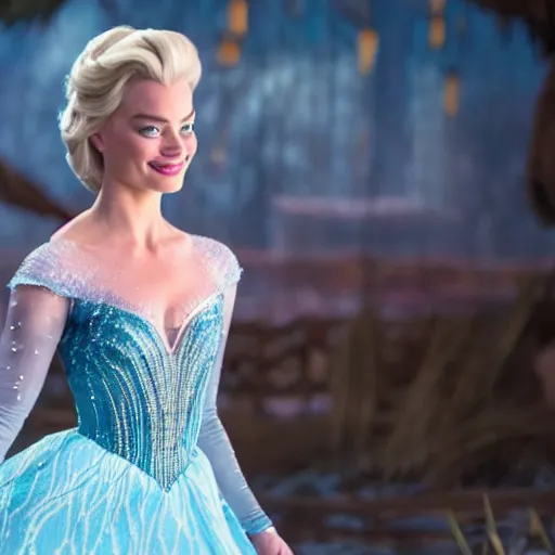 Image similar to Margot Robbie as Elsa in disney frozen live action, 8k full HD photo, cinematic lighting, anatomically correct, oscar award winning, action filled, correct eye placement,