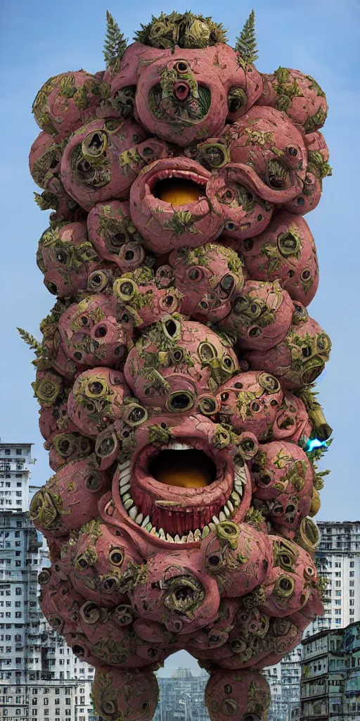 Image similar to colossal grotesque Beelzebub flower made from angry smiles in the middle of post soviet constructivist cityscape, Stalinist architecture, brutalist architecture, ultradetailed, Intricate by Hayao Miyazaki and Josan Gonzalez and Makoto Shinkai and Giuseppe Arcimboldo and MC Esher and Wes Anderson