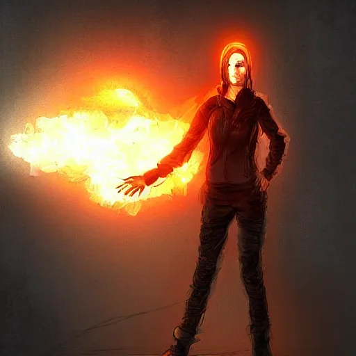 Image similar to digital art modern urban fantasy post apocalyptic - full-body standing character concept of a pyrokinetic survivalist standing in the middle of a psychic storm