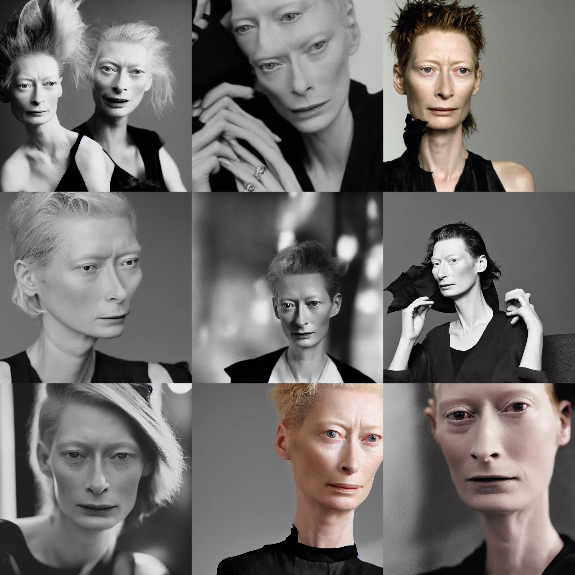 Prompt: the close - up portrait photo of young beautiful tilda swinton weared in black dress in studio