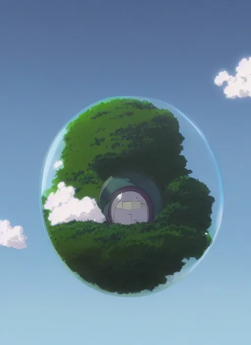 Image similar to an asymmetrical cell - shaded studio ghibli concept art study of a black cube inside a bubble in the sky. wide shot, very dull colors, hd, 4 k, hq