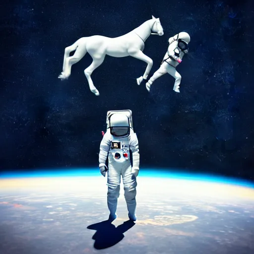 Image similar to an astronaut standing on the ground and a small trippy aggressive centaur standing on that poor little human standing on all fours astronaut, trying to ride it, the centaur is on his shoulders, minimalist style, 3 d render, isometry