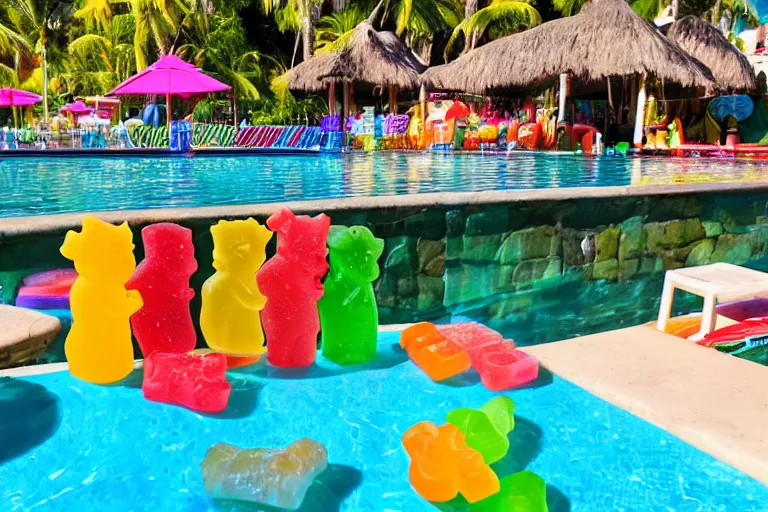 Image similar to poolside Tiki bar made of gummy candy, vacation photo, 55mm