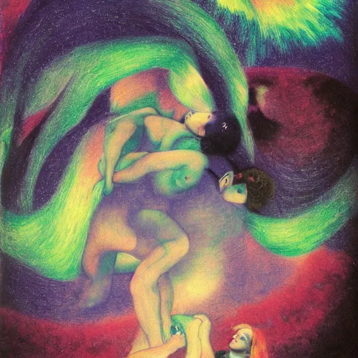 Image similar to close portrait of woman and man kissing. aurora borealis. iridescent, vivid psychedelic colors. painting by bosch, agnes pelton, utamaro, monet