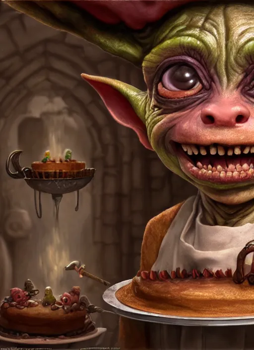 Prompt: highly detailed closeup portrait of a medieval goblin's cake kitchen, unreal engine, nicoletta ceccoli, mark ryden, earl norem, lostfish, hyung tae, frank frazetta, global illumination, detailed and intricate environment