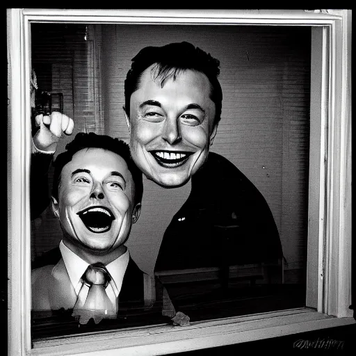 Prompt: photograph at night of elon musk smiling creepily through your bedrooms window, horror art,