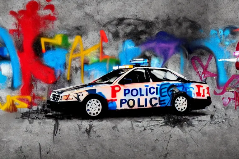 Prompt: a police car covered in graffiti that spells'1 3 1 2'by mia brownell, art by anna hotchkis, antonio saura, very detailed, maximalism, ambient occlusion, volumetric light, atmospheric haze, hyper realism, futuristic but colorful shading, cinematic composition, realistic render, photography, wide shot