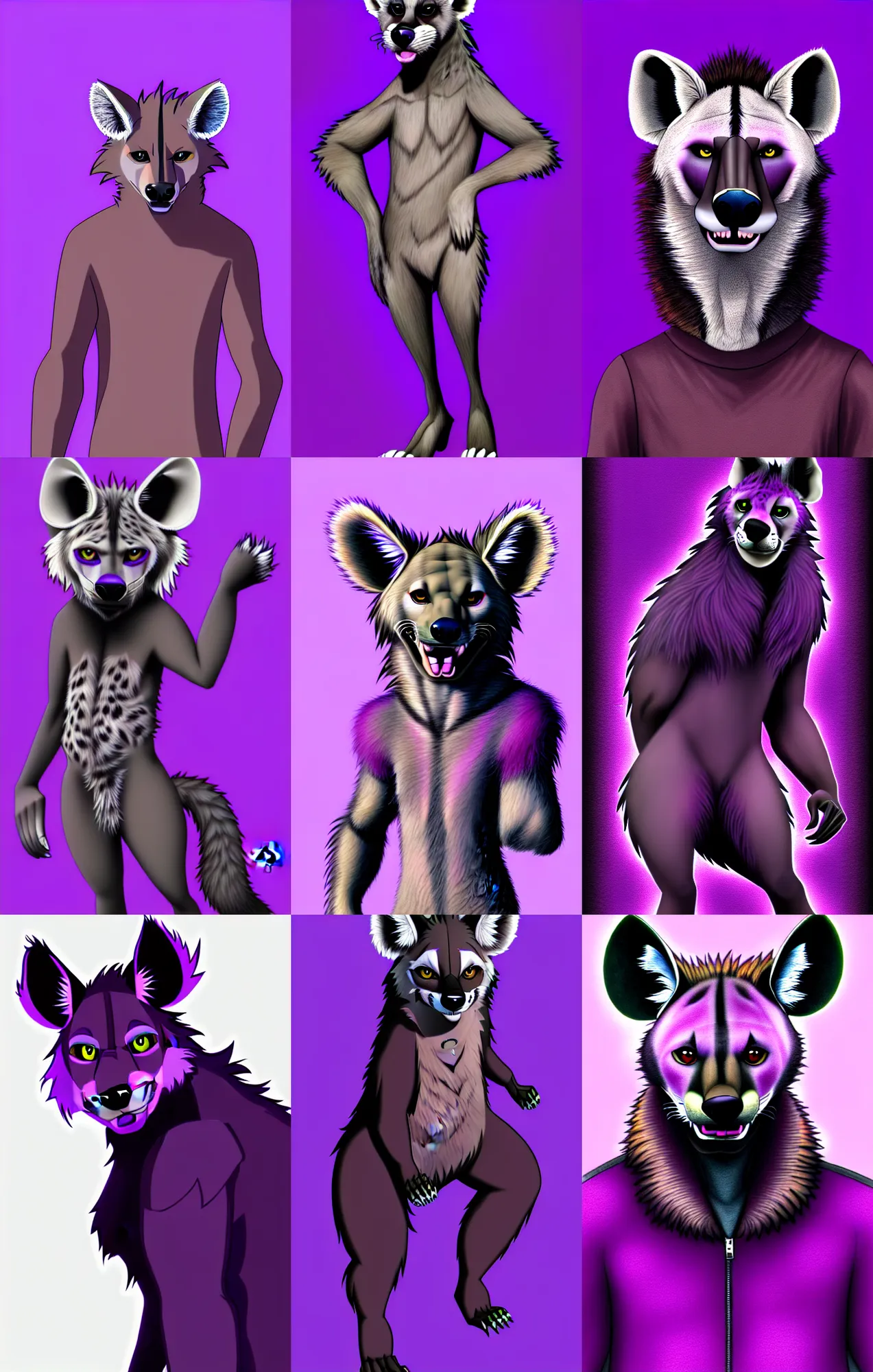 Prompt: a full - body centered front - perspective furry male fursona portrait, a male hyena fursona, purple and black fur color scheme, trending on weasyl, high - resolution, photorealistic