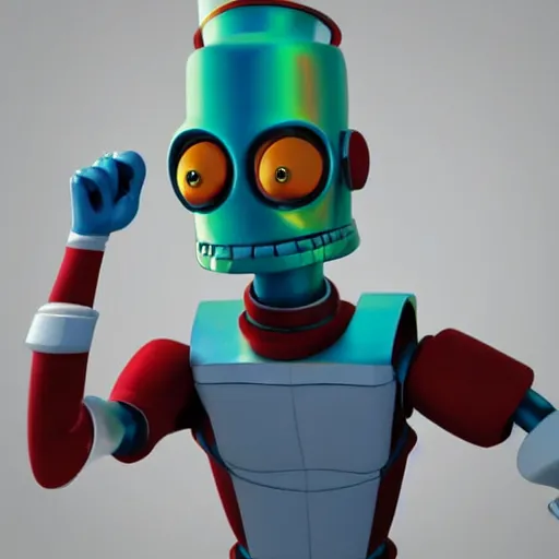 Prompt: bender in a live action futurama movie, 3 d render, photo realistic