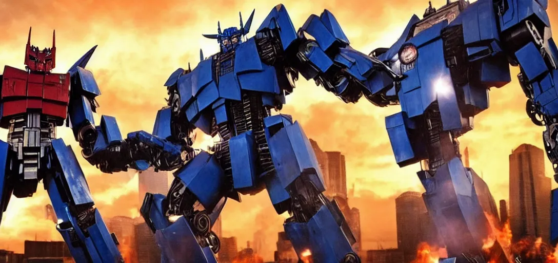 Image similar to Optimus Prime fighting a Pacific Rim Robot