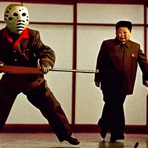 Image similar to a still of Kim Jong-il as Jason Voorhees, north Korean slasher, iconic hockey mask, machete, 35mm film