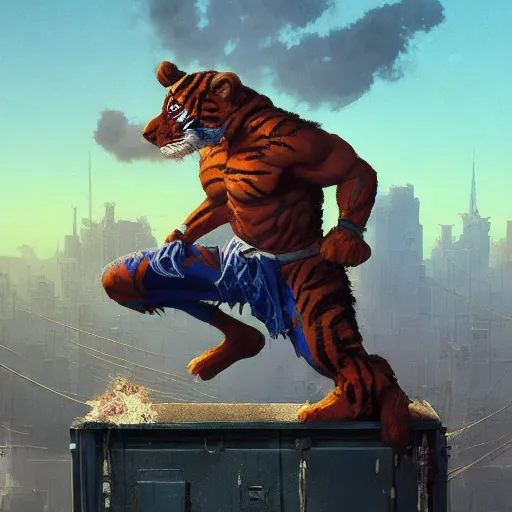 Image similar to shredded physique crisp defined Man Streetfighter Dude wearing Tiger Costume standing atop dumpster greg rutkowski greg danton tony sart raymond swanland chris foss chris cold christophe norman rockwell young acrylic 4k artstation wikiart wikipedia realism tilt-shift