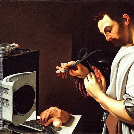 Prompt: man fixing his computer, painting by caravaggio