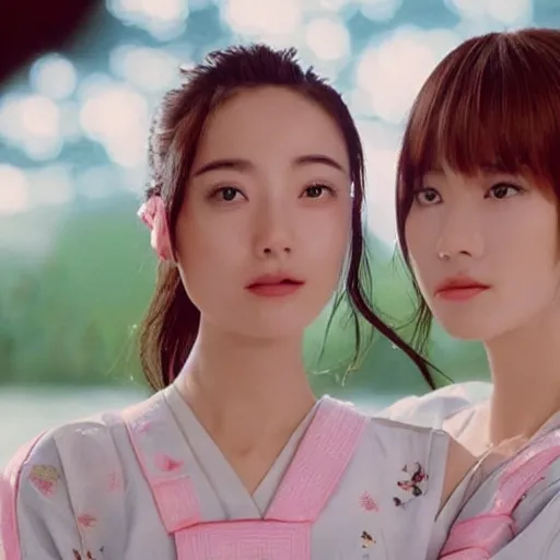 Image similar to 1990s, unbelievably beautiful, perfect, dynamic, epic, cinematic 8K HD movie shot of two semi-close-up japanese beautiful cute young J-Pop idols actresses girls, they express joy and posing together. By a Chinese movie director. Motion, VFX, Inspirational arthouse, high budget, hollywood style, at Behance, at Netflix, with Instagram filters, Photoshop, Adobe Lightroom, Adobe After Effects, taken with polaroid kodak portra