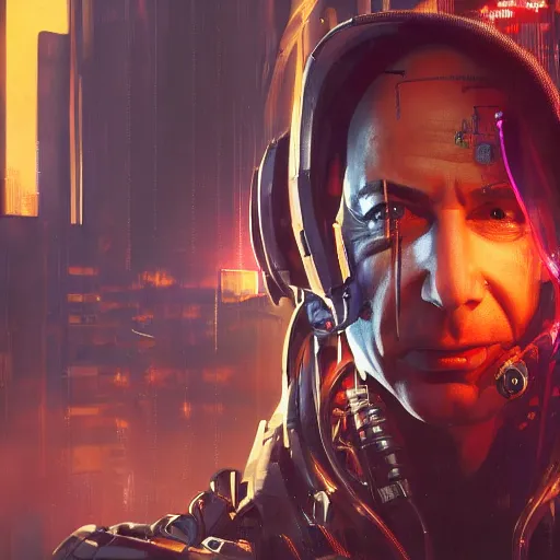 Image similar to front view, vicious, crazy laughing portrait of Jeff Bezos as a cyberpunk 2077 loading screen, symmetry, ominous, intricate, studio, art by anthony macbain + greg rutkowski + alphonse mucha, concept art, 4k, sharp focus