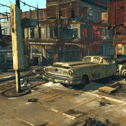 Image similar to st. louis in ruins post - nuclear war in fallout 4, in game screenshot