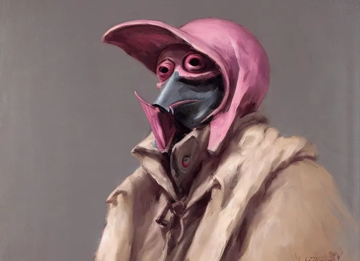 Image similar to a highly detailed beautiful portrait of a pink plague doctor, by gregory manchess, james gurney, james jean