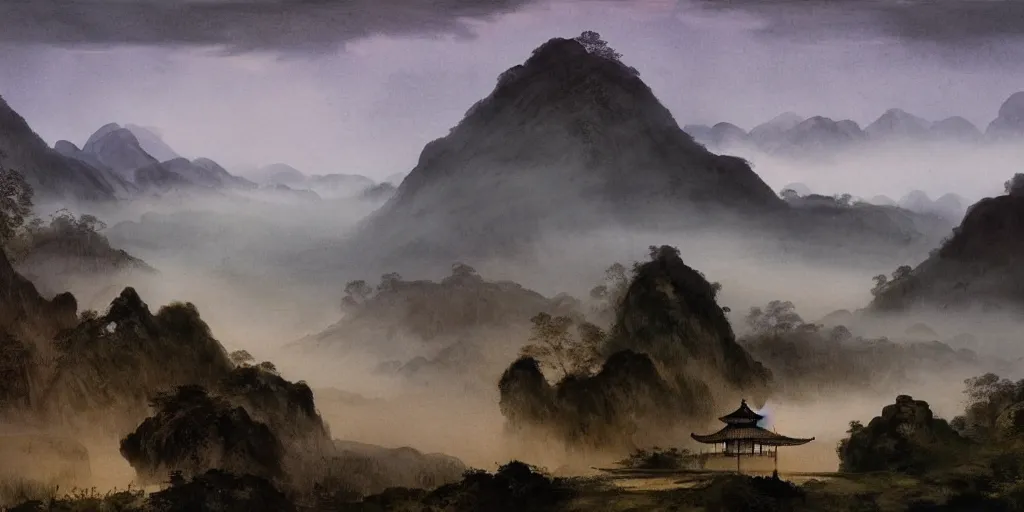 Prompt: a beautiful water color and ink painting of a large landscape, with a chinese temple, streams and rocks, at dawn, emerging sun and hills on the horizon some light fog by lee madgwick or caspar david friedrich or edouard manet, trending on artstation, more dark purple color scheme, cinematic lights