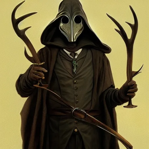 Prompt: a plague doctor hunting with a bow, with antlers on his head, deep focus, intricate, elegant, highly detailed, digital painting, artstation, concept art, matte, sharp focus, illustration, art by artgerm and greg rutkowski and alphonse mucha