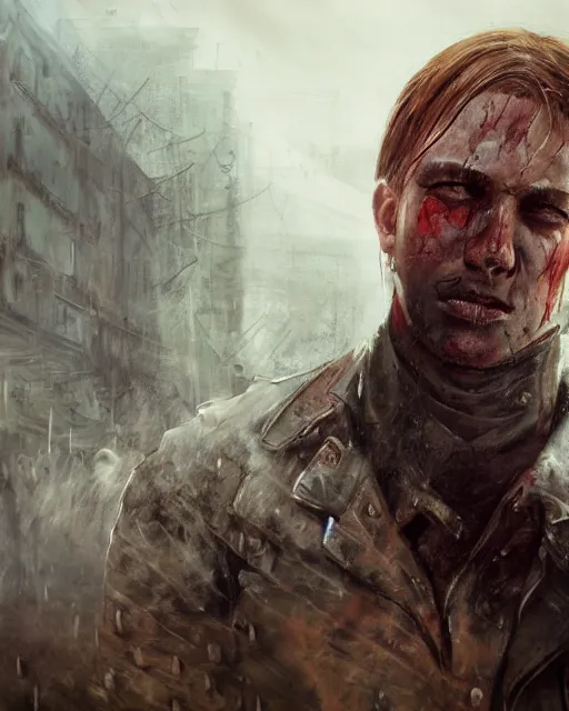 Prompt: battle hardened, charismatic, rugged leon kennedy, face centered portrait, confident, ruined cityscape, zombies, fog, rain, volumetric lighting, soft light particles floating near her, illustration, perfectly shaded, soft painting, art by leesha hannigan, ross tran, thierry doizon, kai carpenter, ignacio fernandez rios