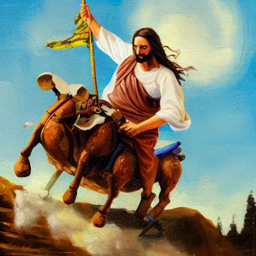 Prompt: jesus riding a quad off a jump, oil painting