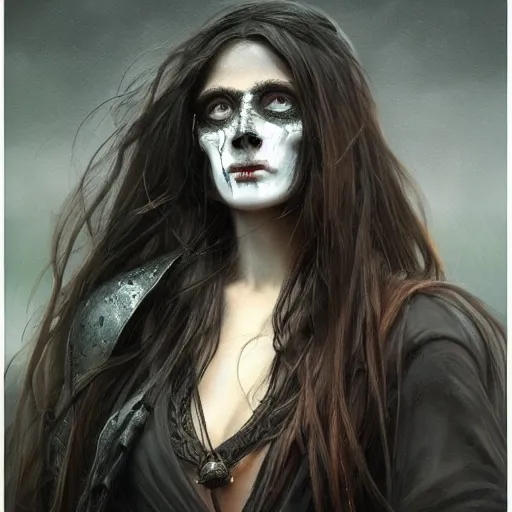 Image similar to Epic portrait, an female with a skull face, long black hair flow, digital painting, artstation, concept art, soft light, hdri, smooth, sharp focus, illustration, fantasy, intricate, elegant, highly detailed, D&D, matte painting, in the style of Greg Rutkowski and Alphonse Mucha and artemisia, 8k, highly detailed, jurgens, rutkowski, bouguereau, pastoral, rustic, georgic