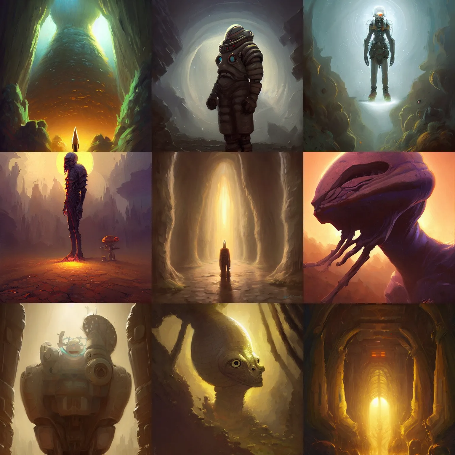 Prompt: extraterrestrial lifeform portrait, non human, intelligent, peaceful, cultured, friendly, dramatic lighting, painted by andreas rocha