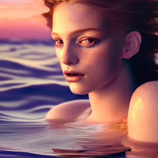 Image similar to photographic portrait of a stunningly beautiful siren renaissance female, in the water, in soft dreamy light at sunset, contemporary fashion shoot, by edward robert hughes, annie leibovitz and steve mccurry, david lazar, jimmy nelsson, extremely detailed, breathtaking, hyperrealistic, perfect face, octane render